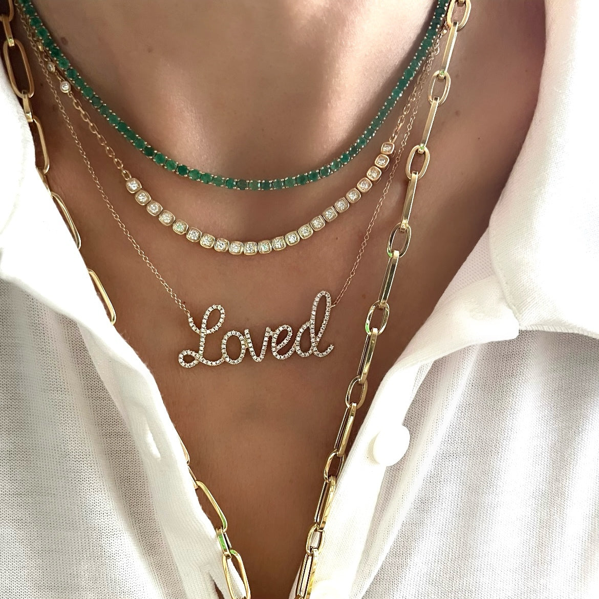 14KT Gold Diamond Jumbo Script Loved Necklace