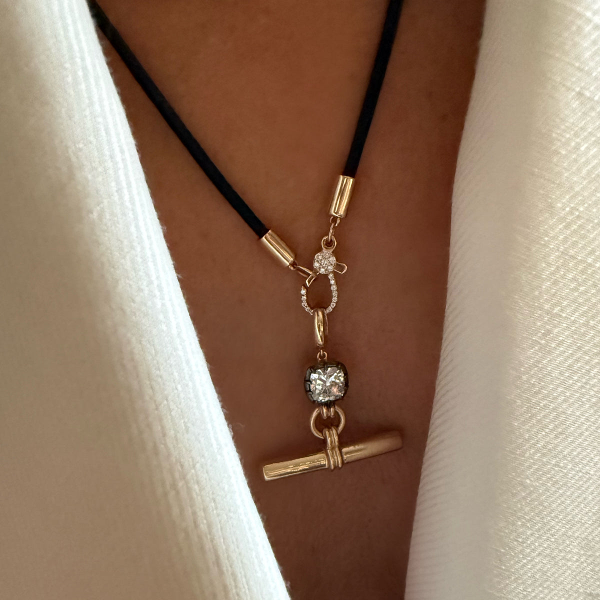 14KT Gold Diamond Long Leather Cord Chain Necklace