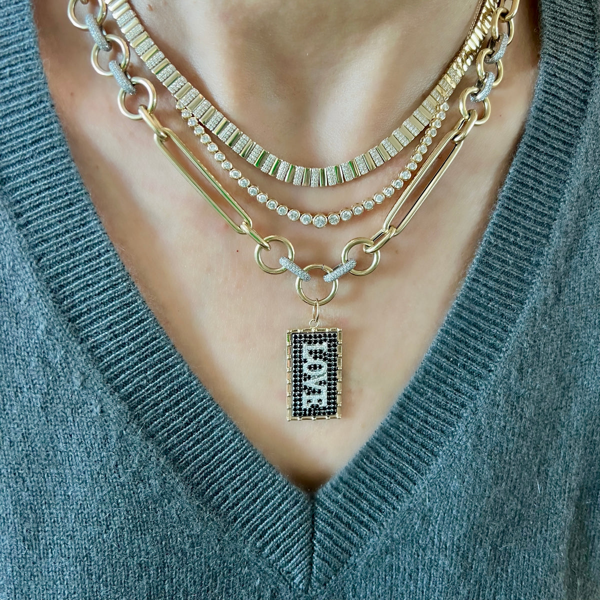 14KT Gold Diamond Fia Bezel Set Tennis Necklace On Bolo Chain