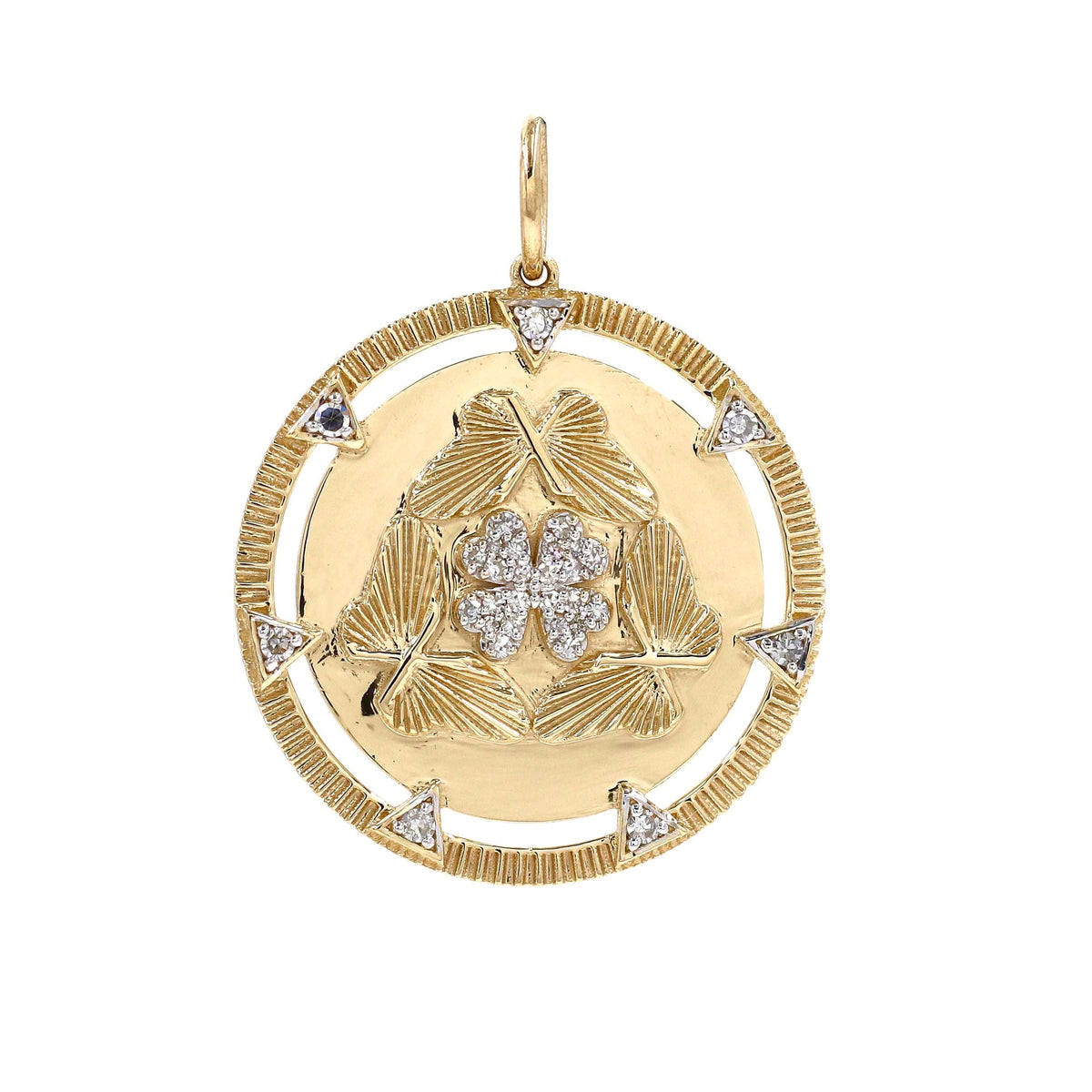 14KT Gold Diamond Buttery and Clover on Disk Pendant Charm