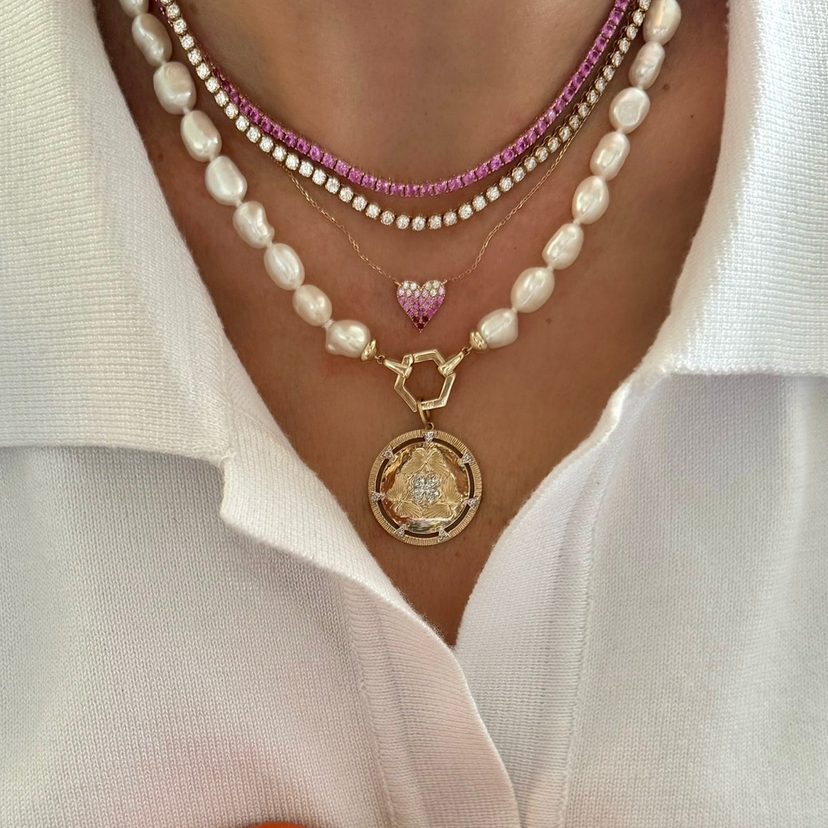 14KT Gold Diamond Buttery and Clover on Disk Pendant Charm