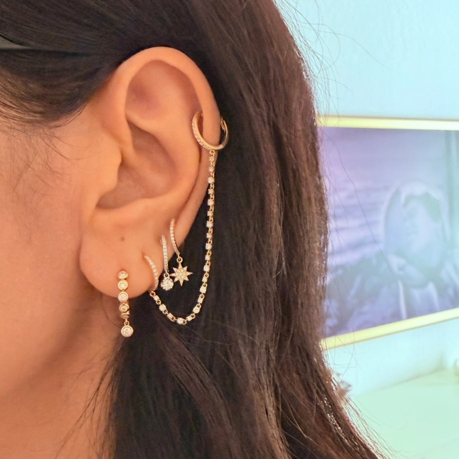 14KT Gold Diamond Double Huggie Earrings on Diamond Chain