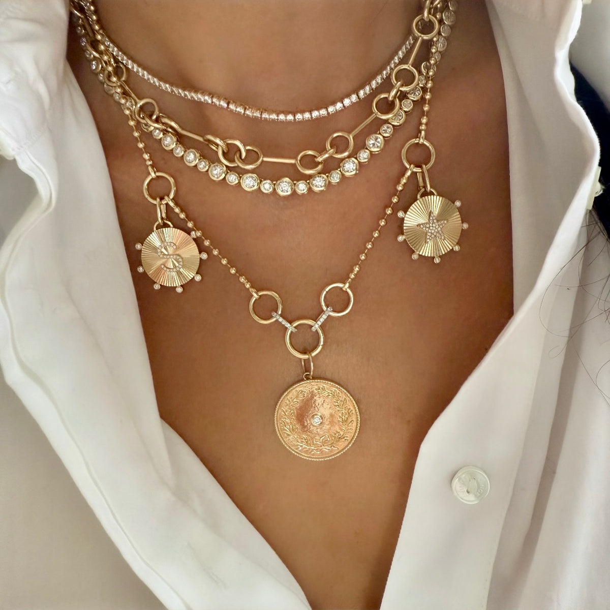 14KT Gold Diamond Fluted Disk Star Pendant Charm
