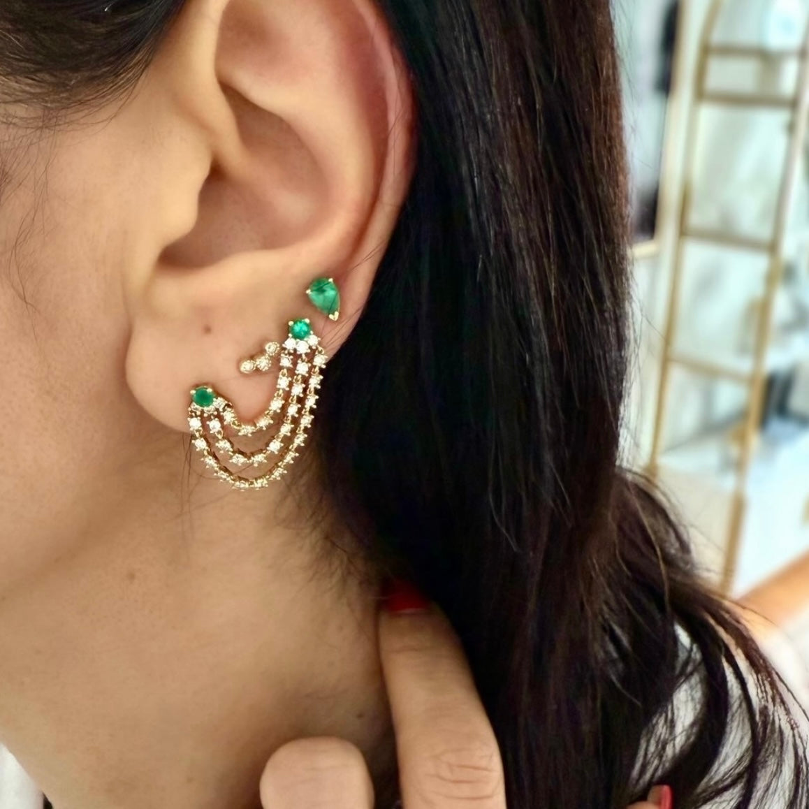 14KT Gold Diamond and Emerald Double Piercing Loop Earring