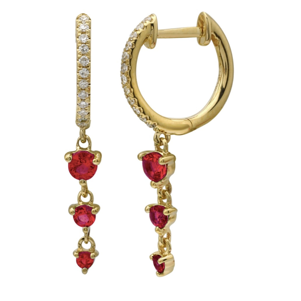 14KT Gold Diamond Ruby / Turquoise Drop Huggie Earrings