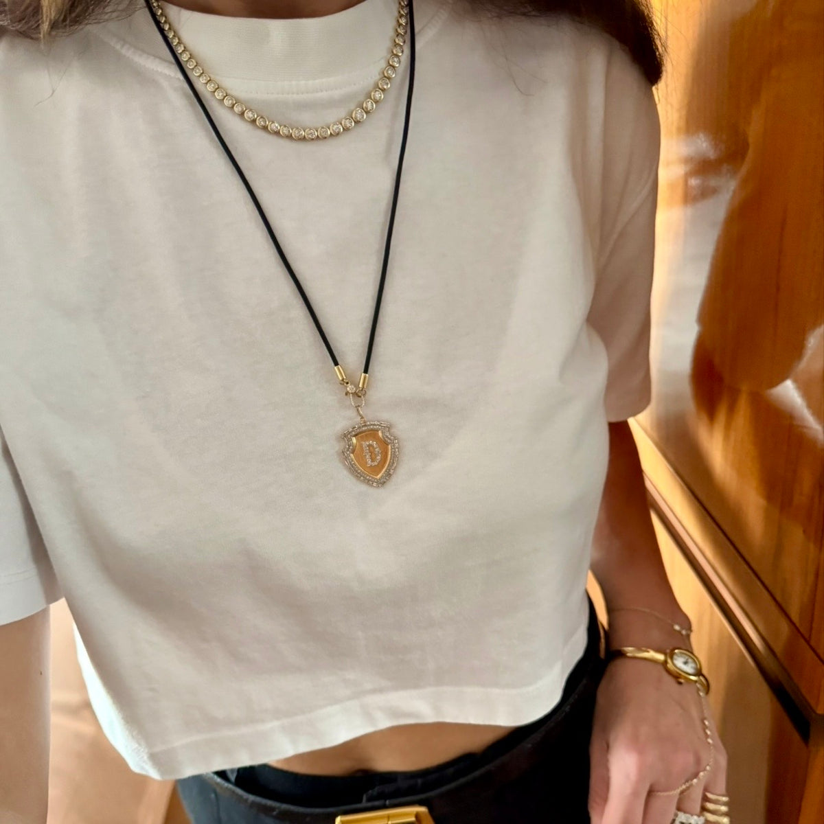 14KT Gold Diamond Long Leather Cord Chain Necklace