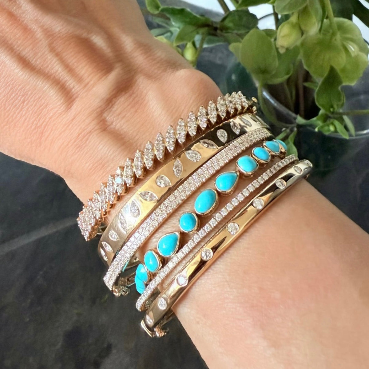 14KT Gold Sleeping Beauty Multi Shaped Signature Turquoise Bracelet