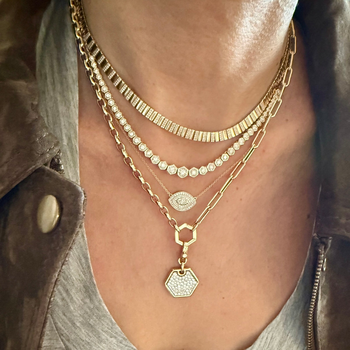14KT Gold Diamond The Line Hexagon Tennis Necklace