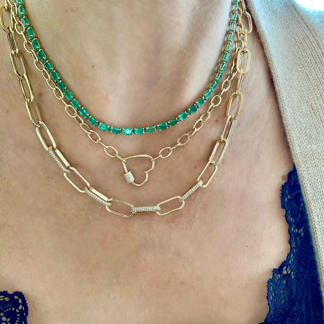 14KT Gold Oval Cut Emerald Giulietta Luxe Tennis Necklace