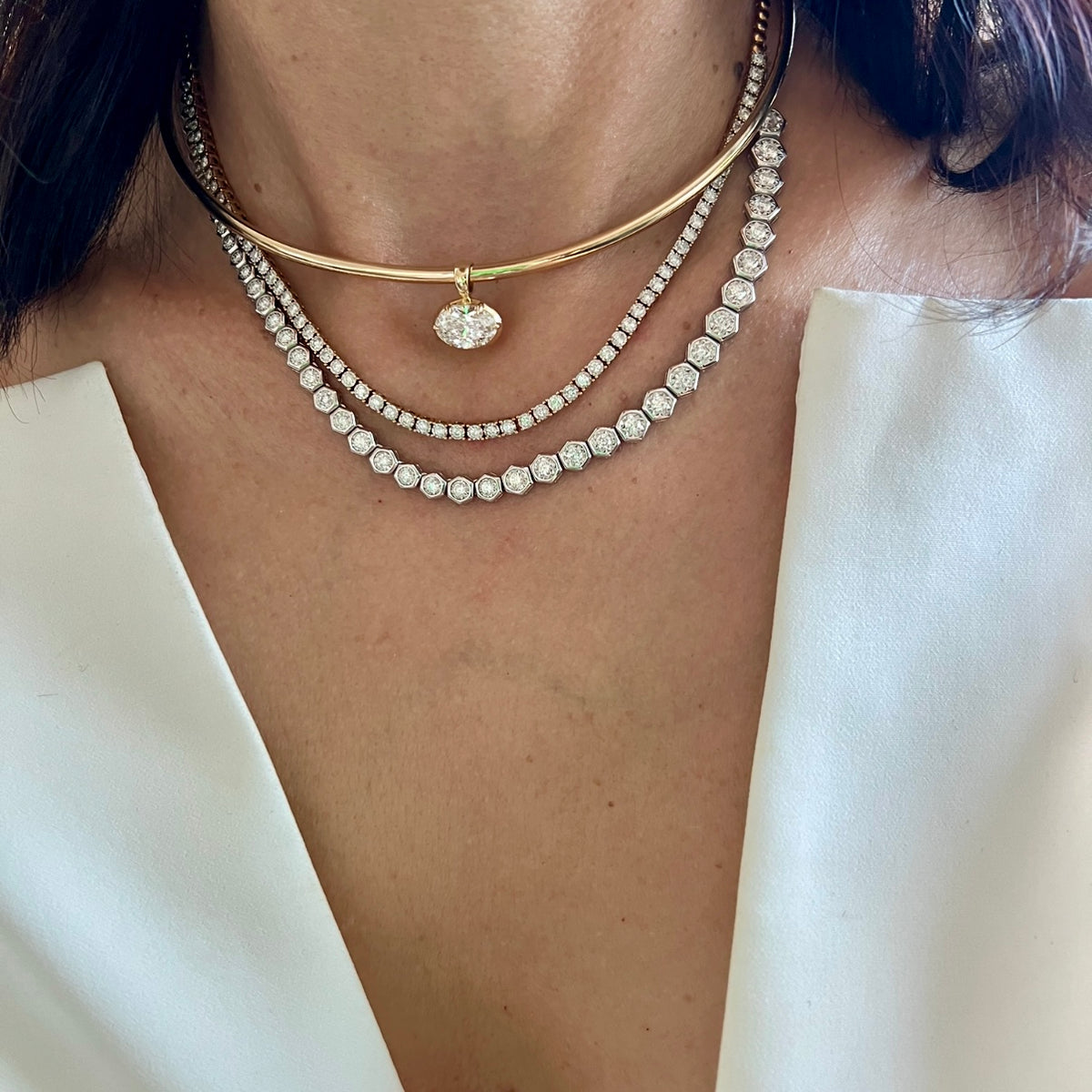 14KT Gold Diamond The Line Hexagon Asymmetrical Tennis Necklace