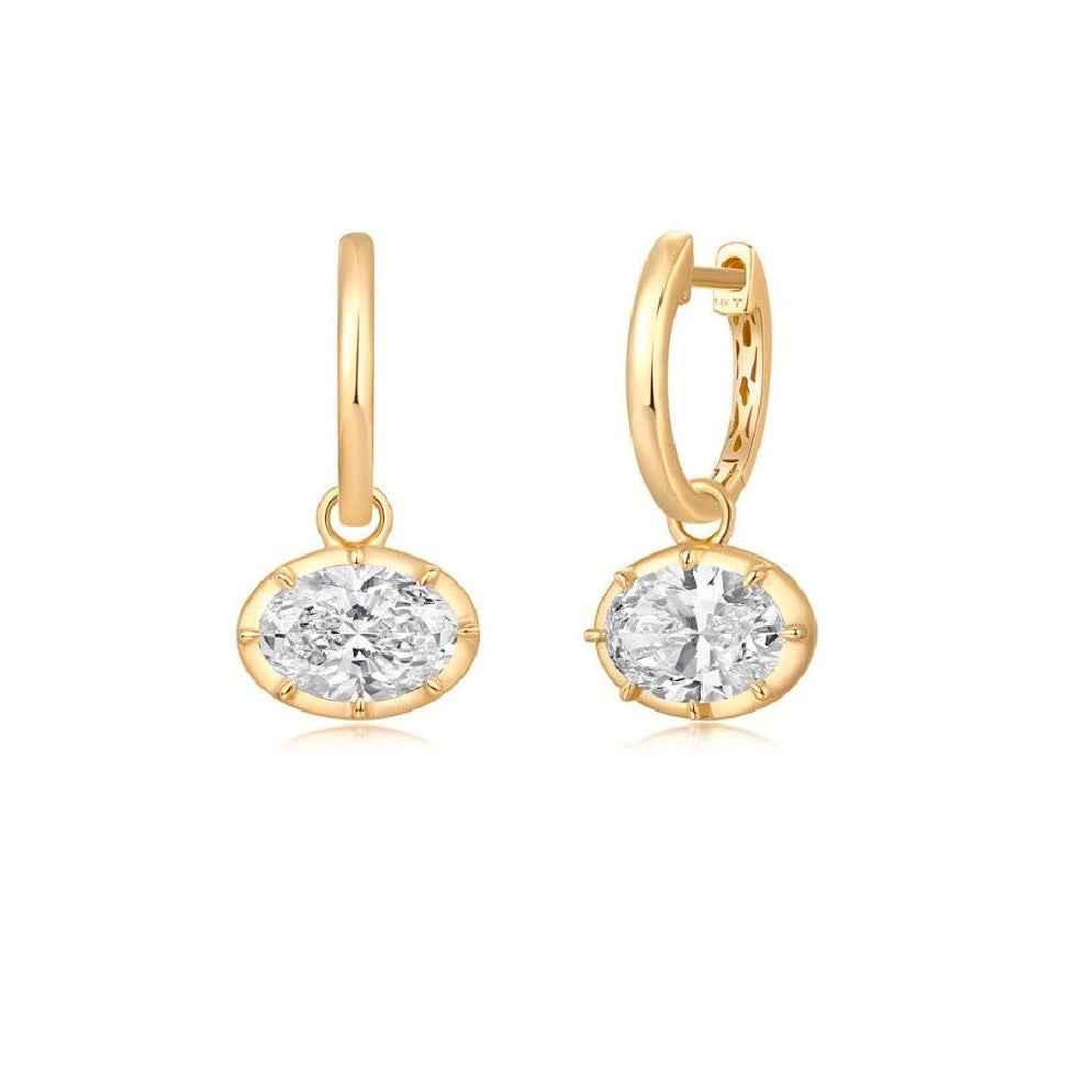 14KT Gold 2ct East-West Oval Lab Diamond Georgian Huggie Earrings