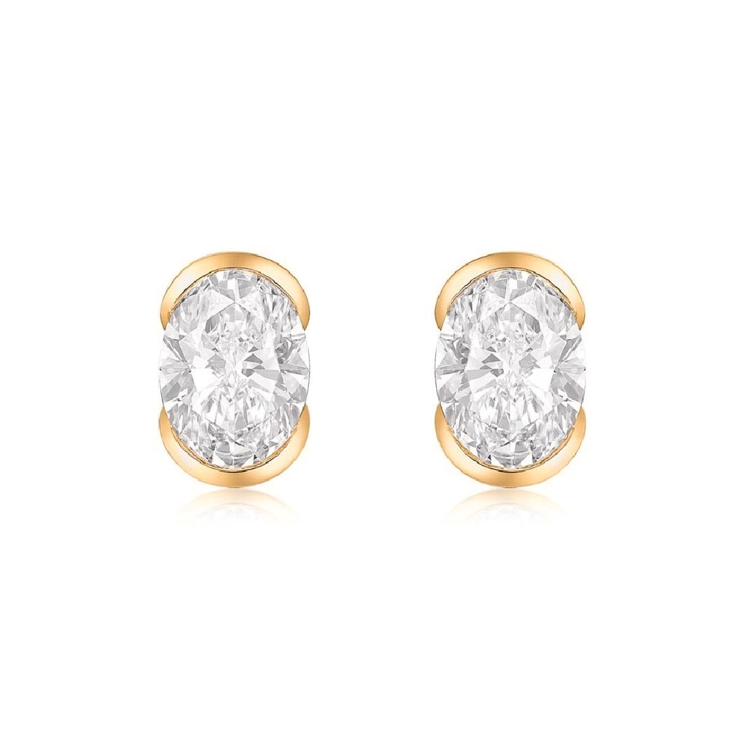14KT Gold Half Bezel Set 2ct Oval Lab Diamond Stud Earrings