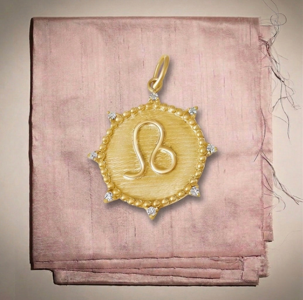 14KT Gold Diamond Bespoke Zodiac Symbol Disk Pendant Charm