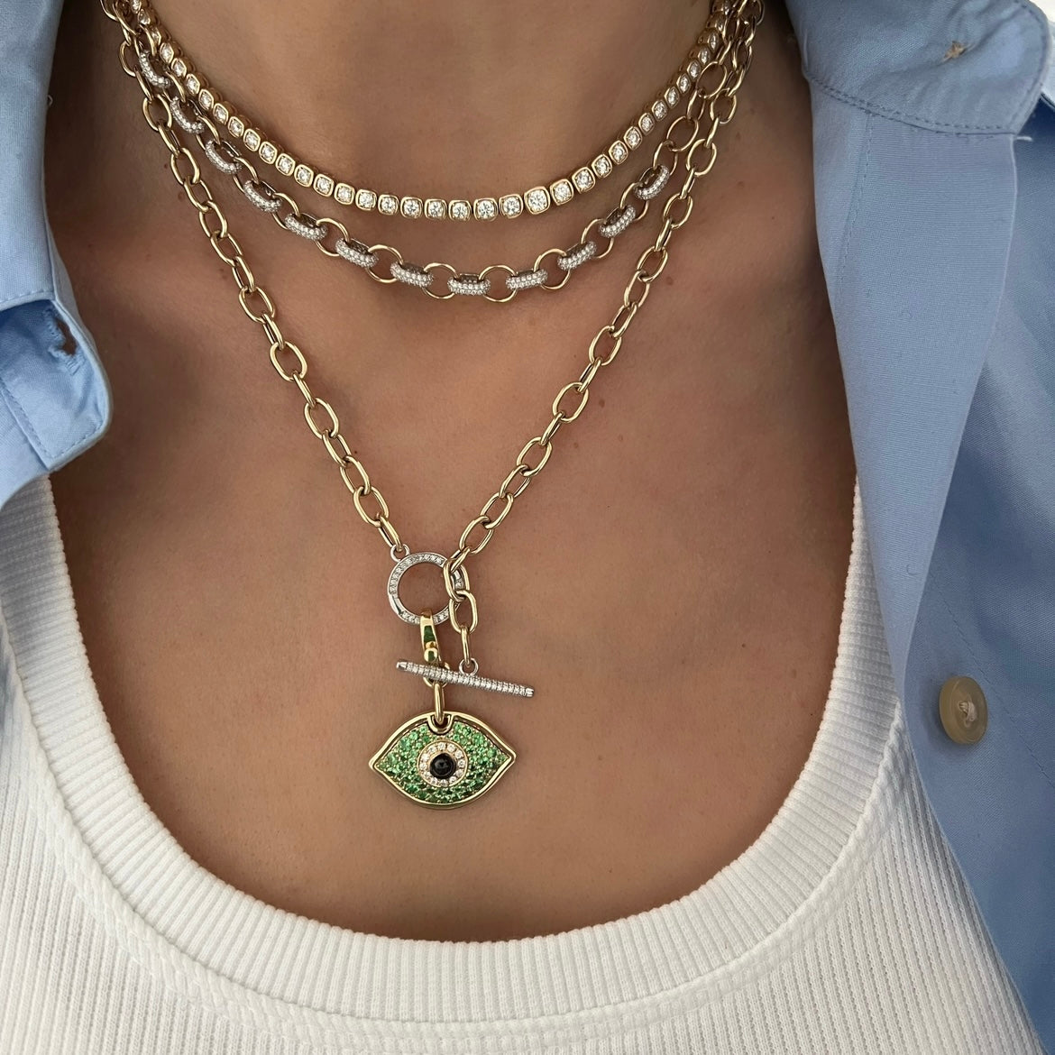 14KT Gold Diamond Tsavorite Large Evil Eye Pendant Charm