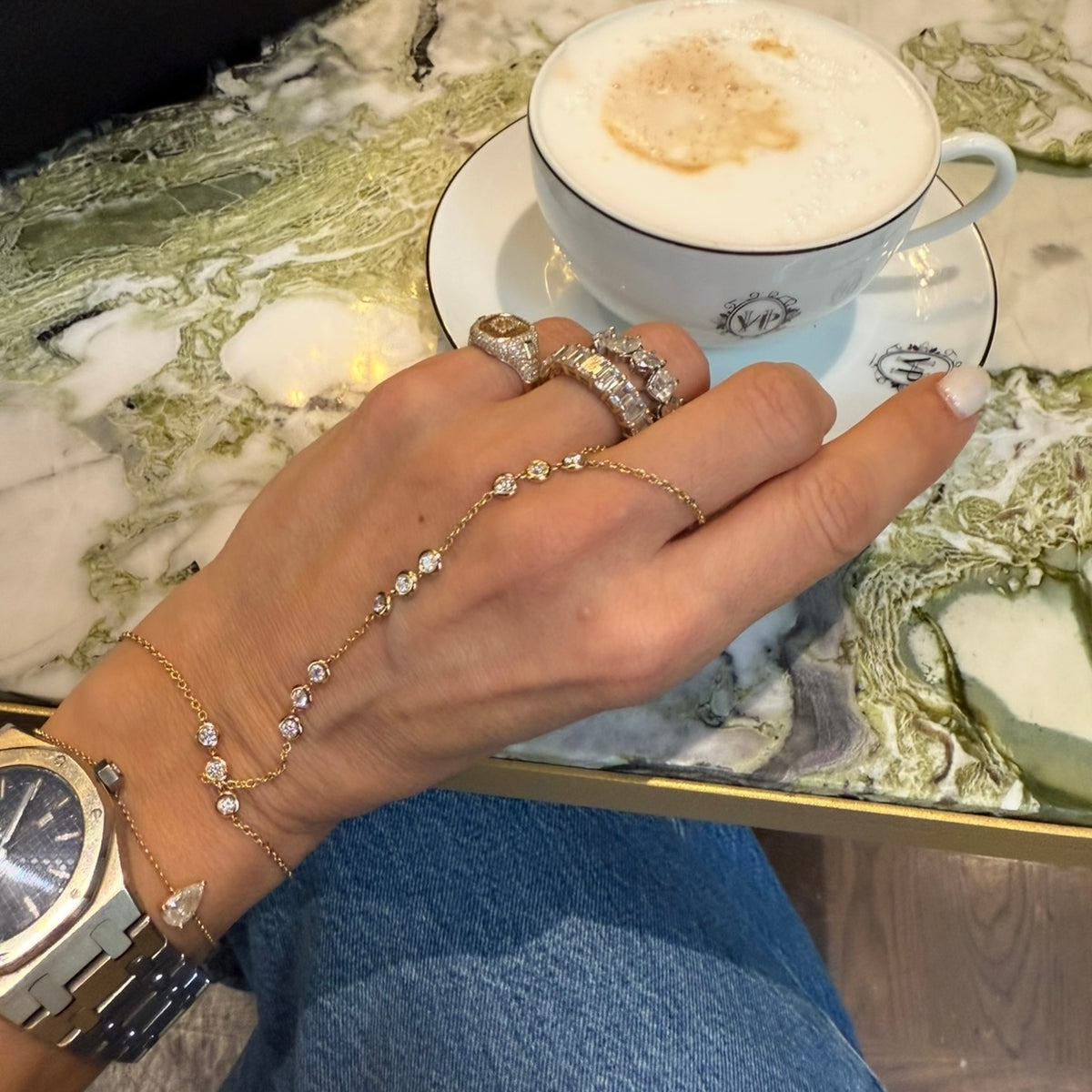 14KT Gold Bezel Cut Diamond Luxe Finger Bracelet Hand Chain