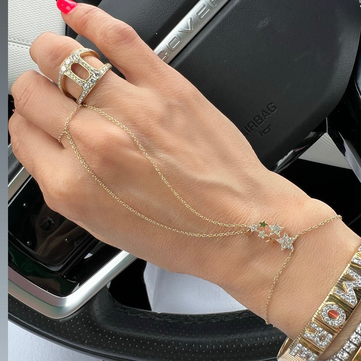 14KT Gold Diamond Cluster Stars Finger Bracelet Hand Chain