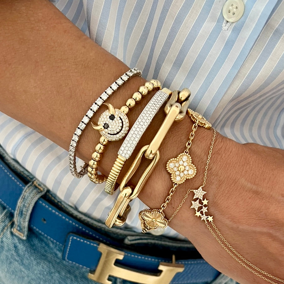 14KT Gold Diamond Smiley Devil Strech Ball Bracelet