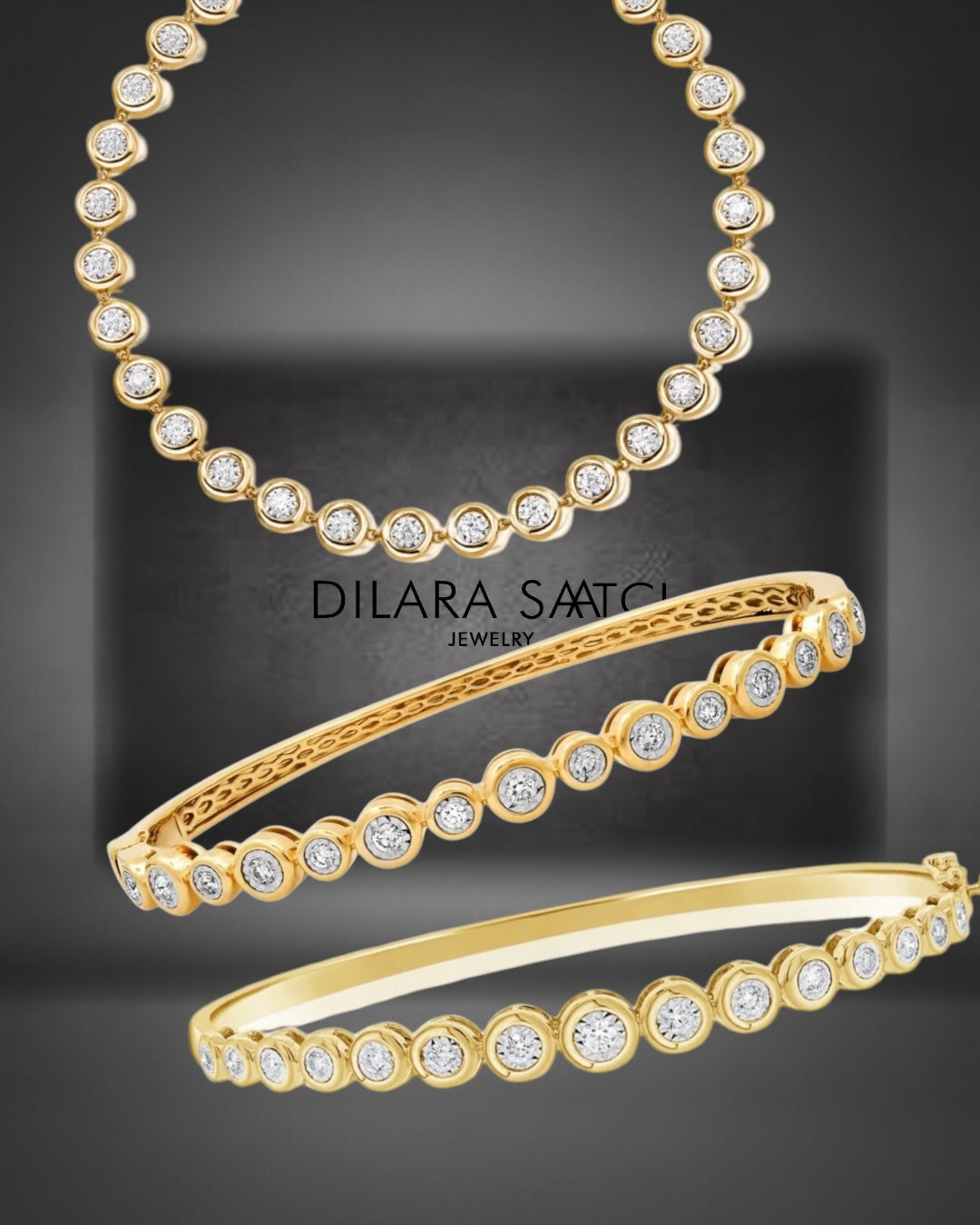 14KT Gold Diamond The Line Alternating Size Bezel Set Bangle