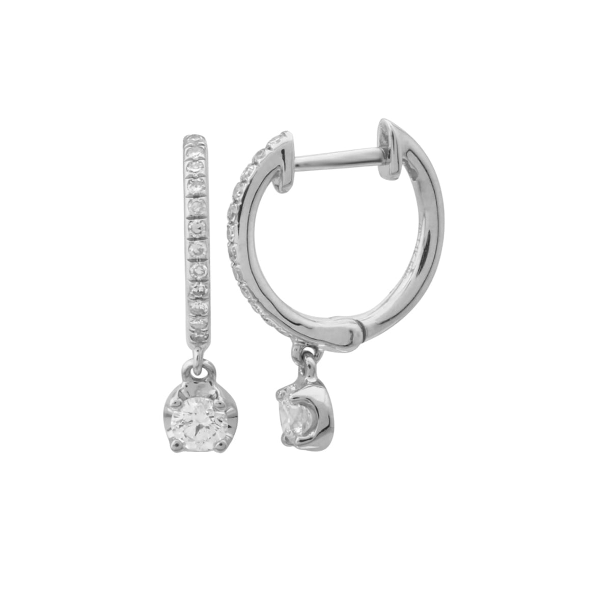 14KT Gold Diamond Mini Huggies With Diamond Drop Earrings