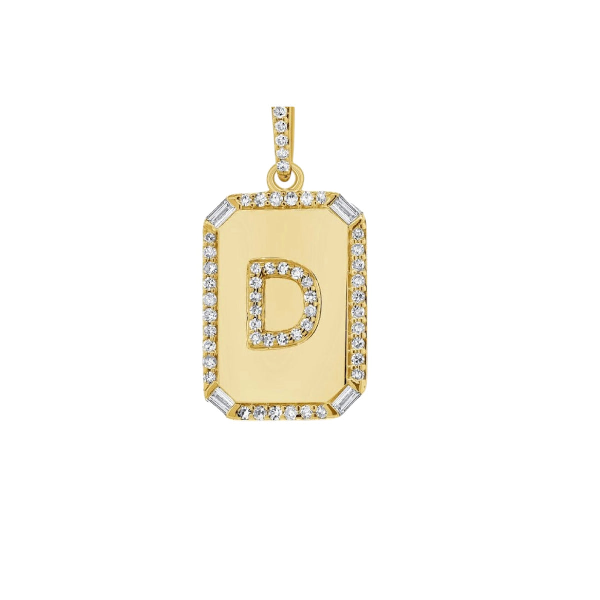 14KT Gold Diamond Small Dog Tag Initial Charm Pendant
