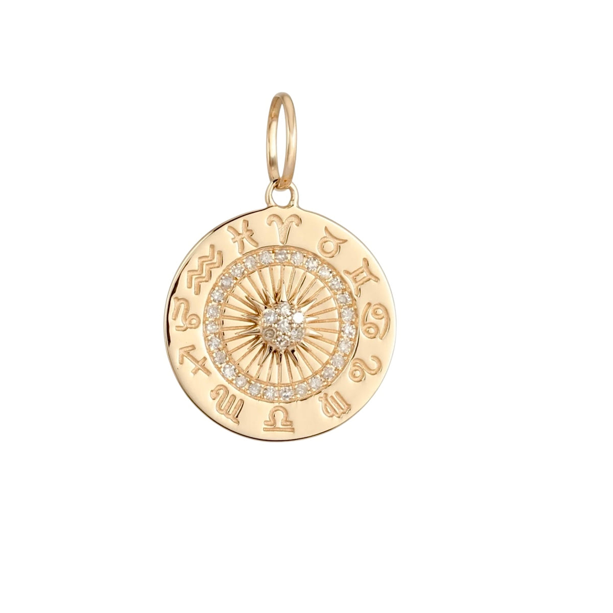 14KT Gold Diamond Small Zodiac Wheel Pendant Charm