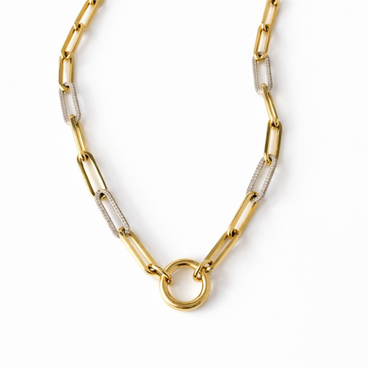 14KT Gold Luxe Paperclip Charm Chain Necklace with Diamond Links