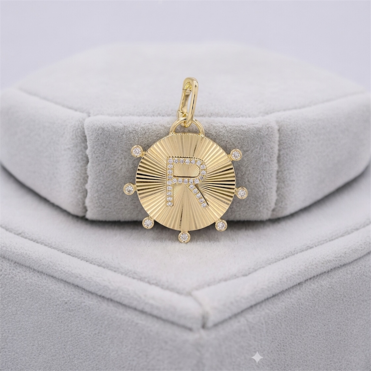 14KT Gold Diamond Fluted Disk Initial Pendant Charm