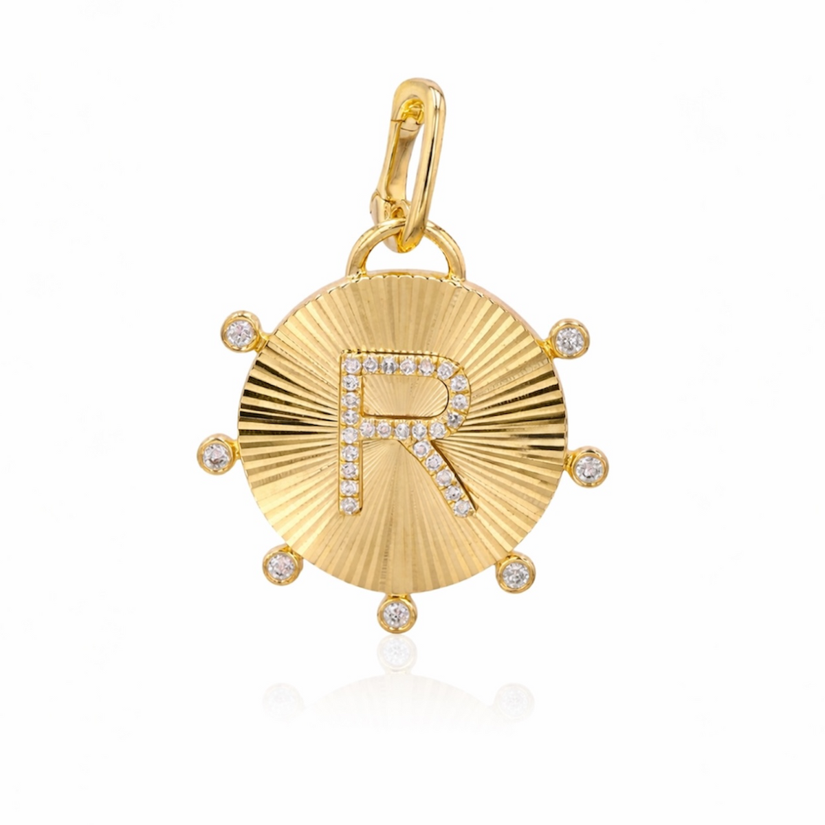 14KT Gold Diamond Fluted Disk Initial Pendant Charm