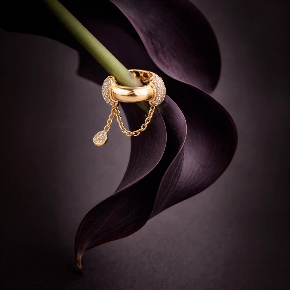 14KT Gold Diamond Dangling Chain Drop Pinky Ring