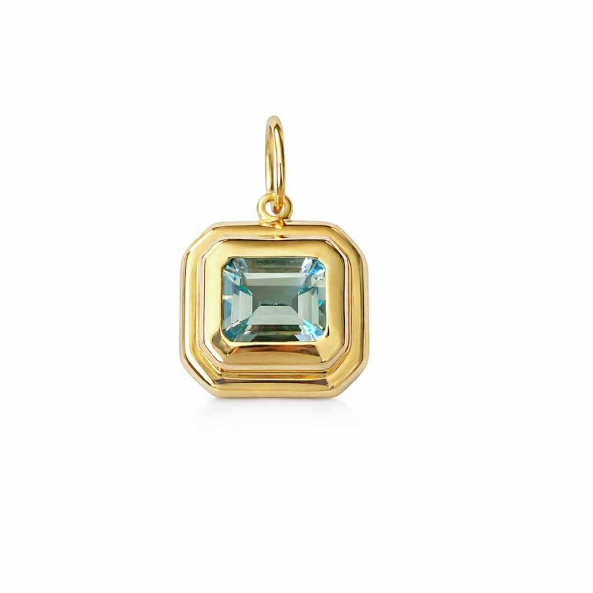 14KT Gold East West Emerald Cut Blue Topaz Pendant Charm