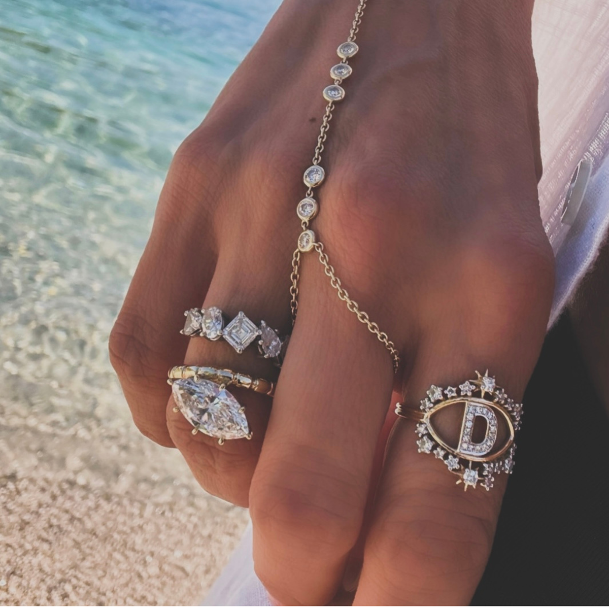 14KT Gold Bezel Cut Diamond Luxe Finger Bracelet Hand Chain