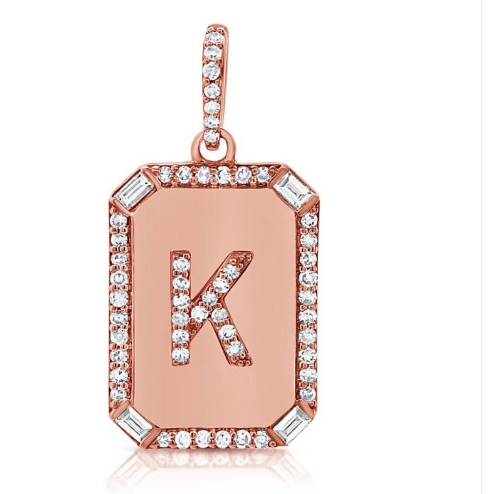 14KT Gold Diamond Small Dog Tag Initial Charm Pendant