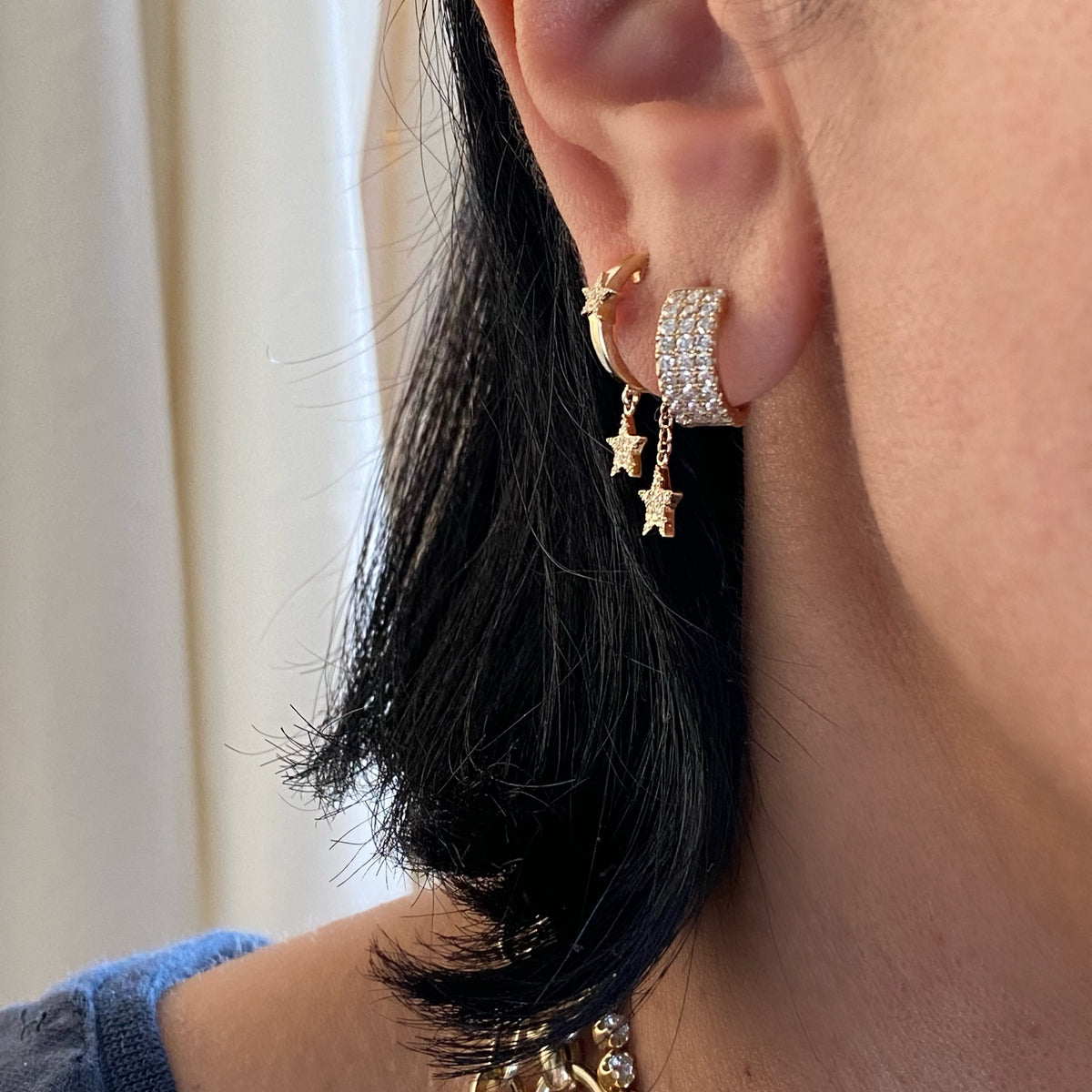 14KT Gold Three Row Diamond Huggie Earrings