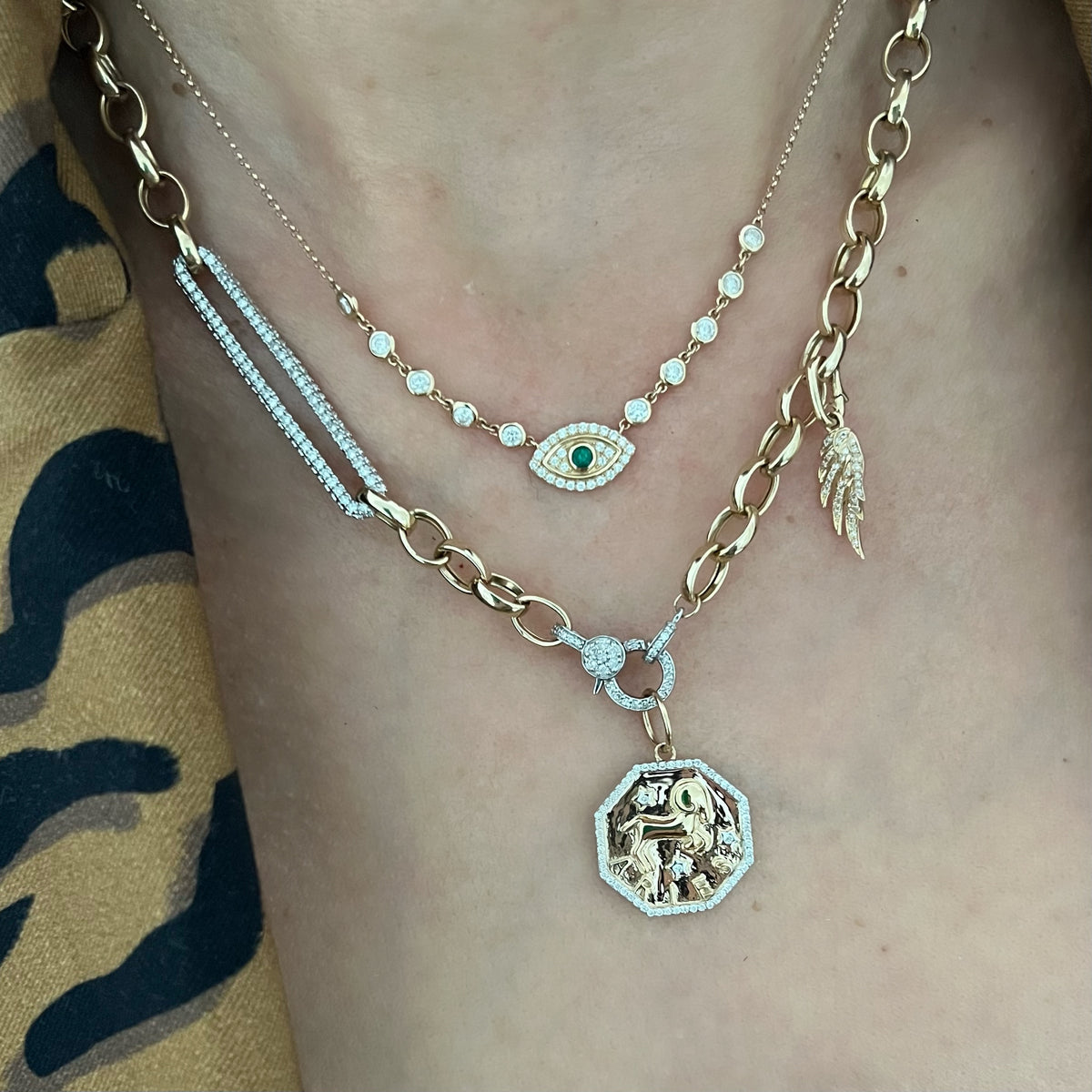 14KT Gold Diamond Octagon Disk Zodiac Charm Pendant