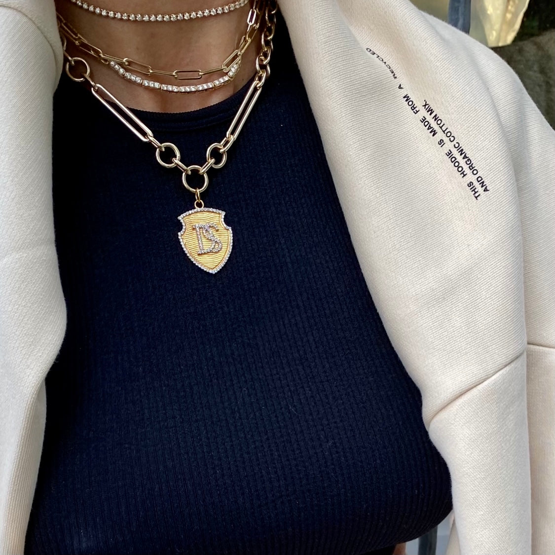 14KT Gold Diamond Bespoke Large Initial Shield Pendant Charm