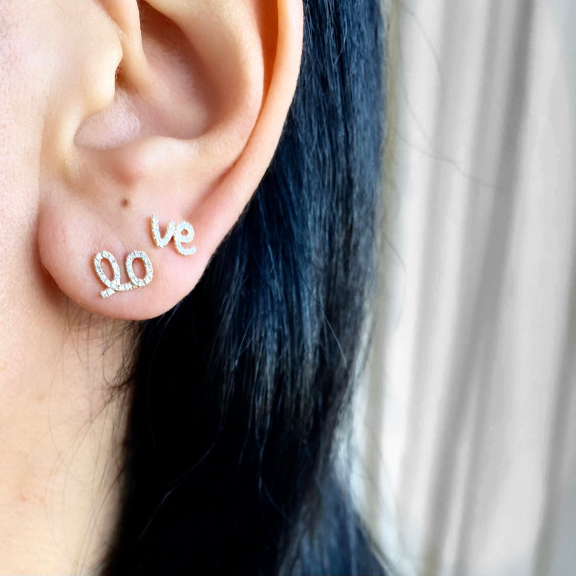 14KT Gold Diamond Script LO VE Stud Earrings