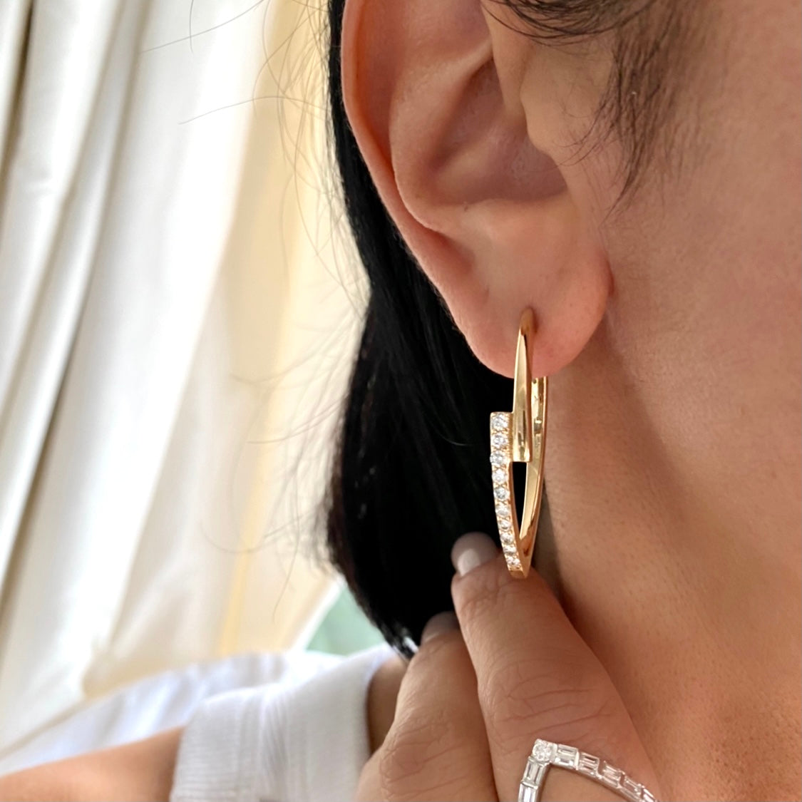 14KT Gold Diamond Half and Half Oval Hoop Earrings