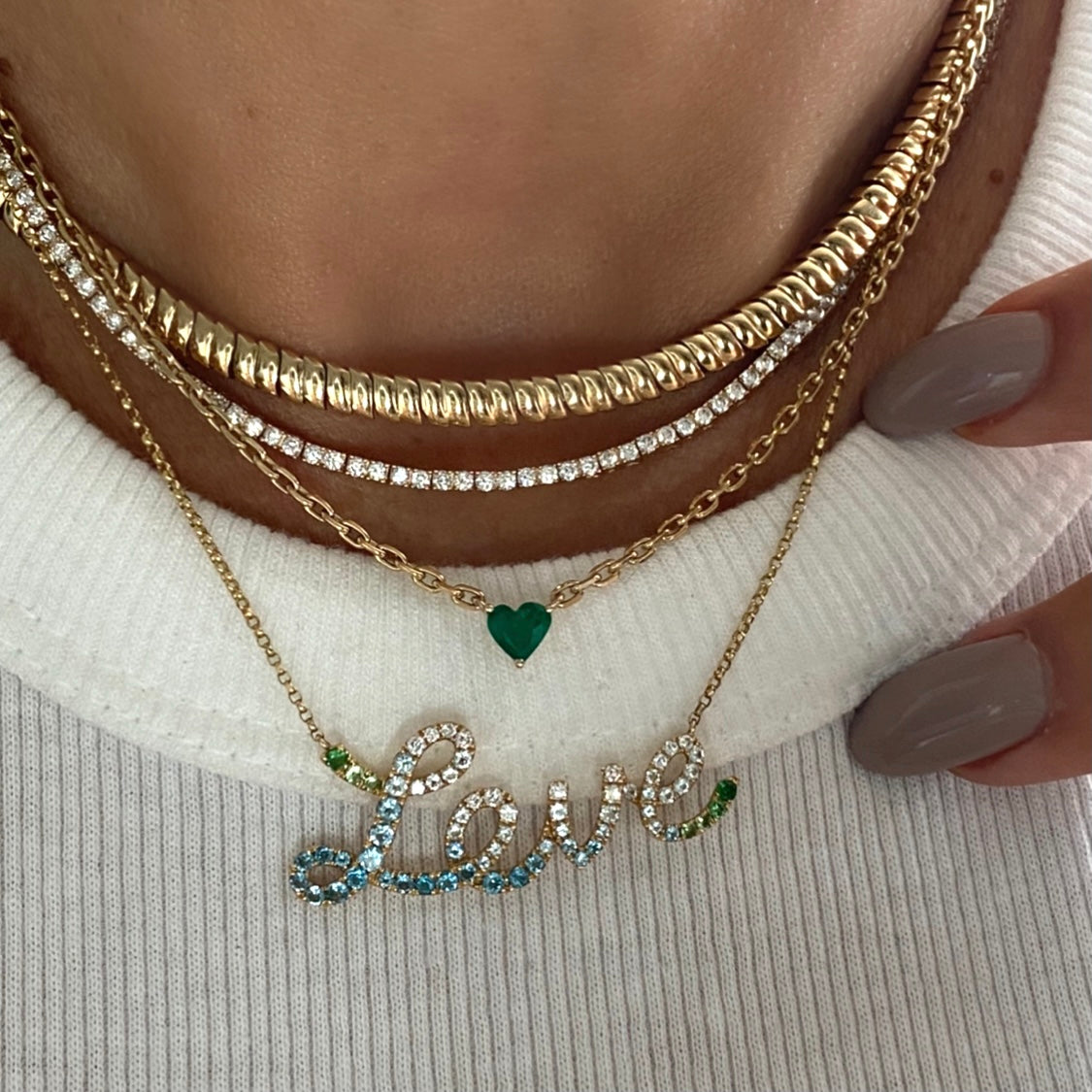 14KT Gold Diamond Sapphires LOVE Necklace