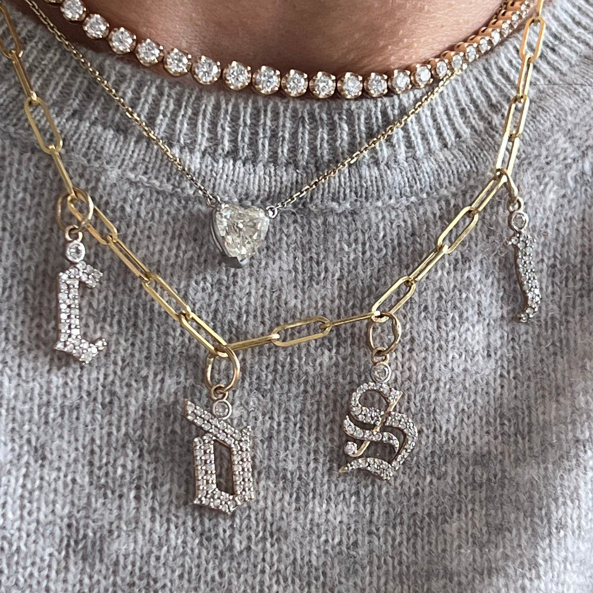 14KT Gold Diamond Old English Initial Pendant Charm