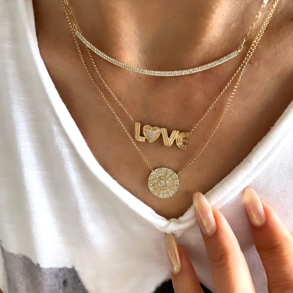 14KT Gold Diamond Disk Emily Evil Eye Necklace