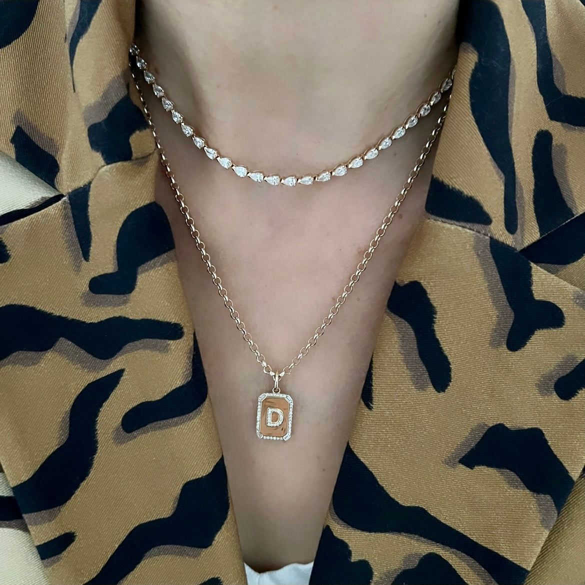 14KT Gold Diamond Small Dog Tag Initial Charm Pendant