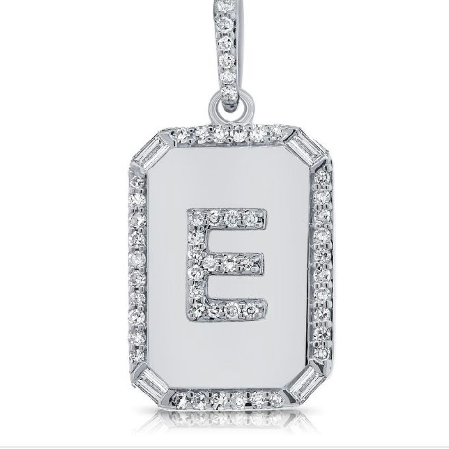 14KT Gold Diamond Small Dog Tag Initial Charm Pendant