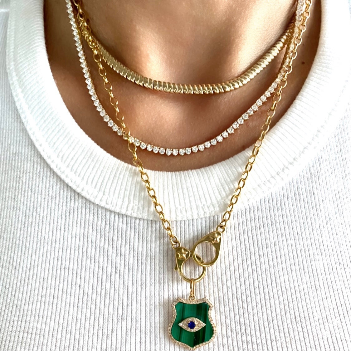 14KT Gold Diamond Malachite Evil Eye Shield Pendant Charm