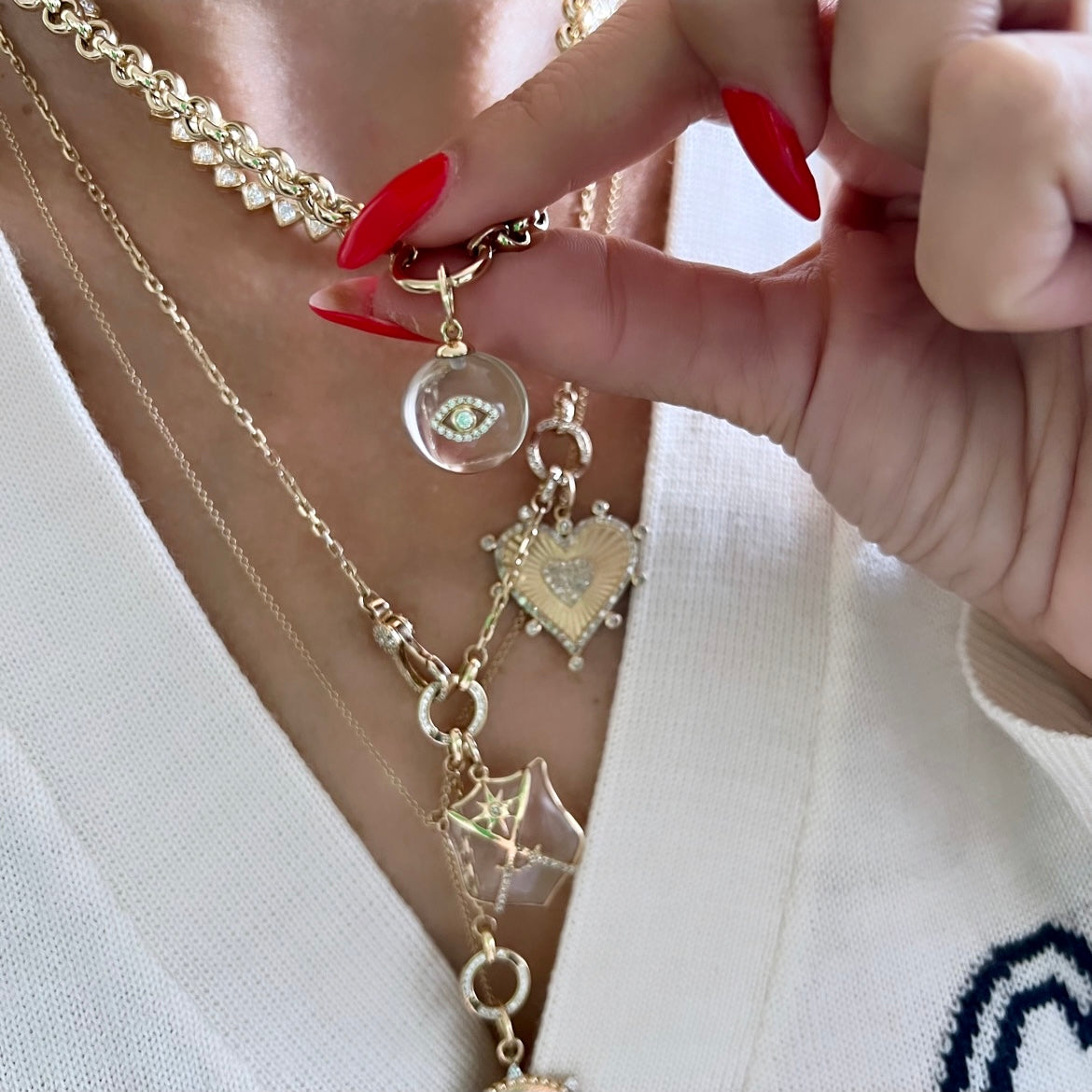 14KT Gold Diamond Crystal Ball Evil Eye Pendant Charm