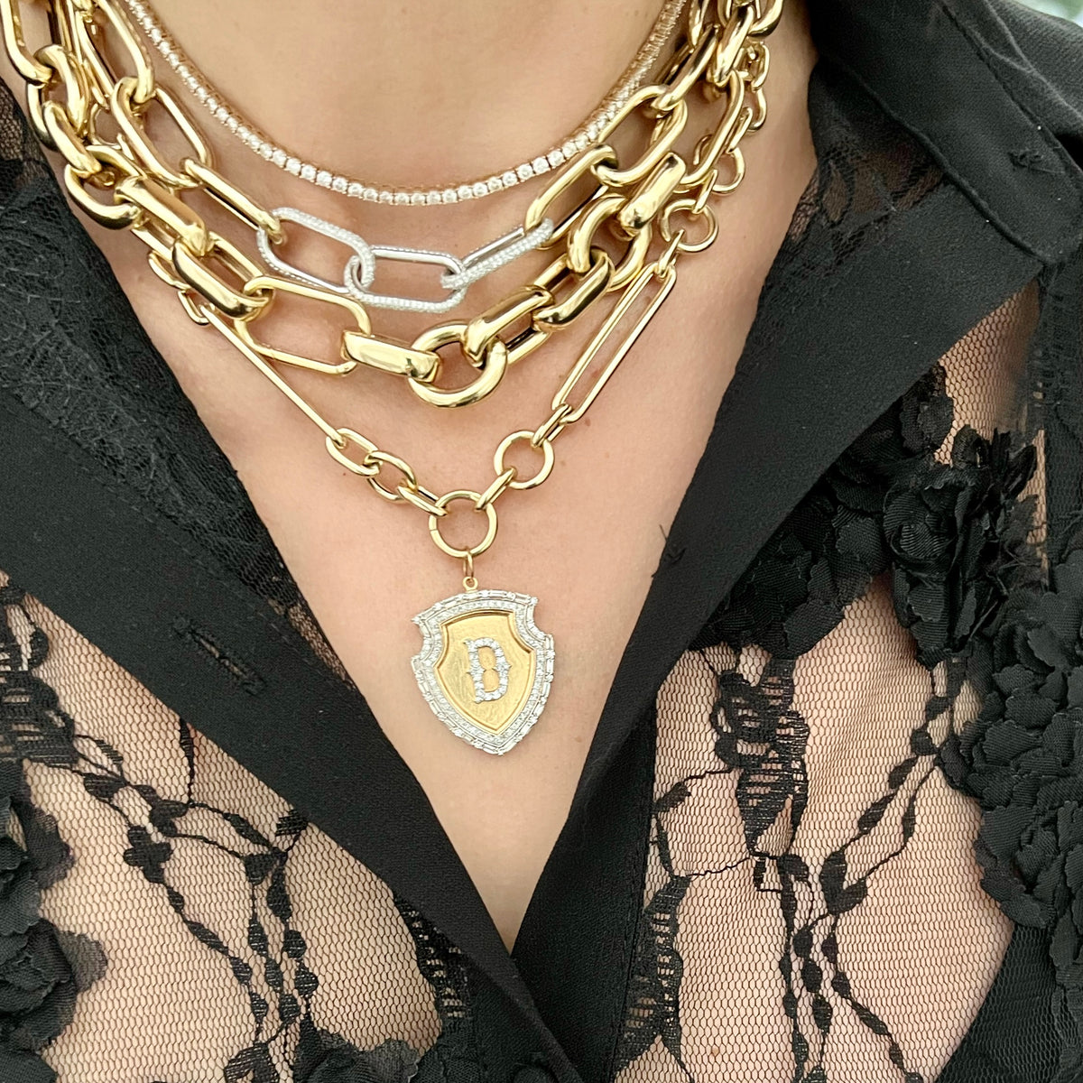 14KT Gold Pave and Baguette Diamond Bespoke Initial Shield Pendant Charm
