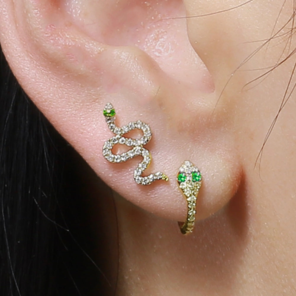 14KT Gold Diamond Mini Snake Huggie Earrings