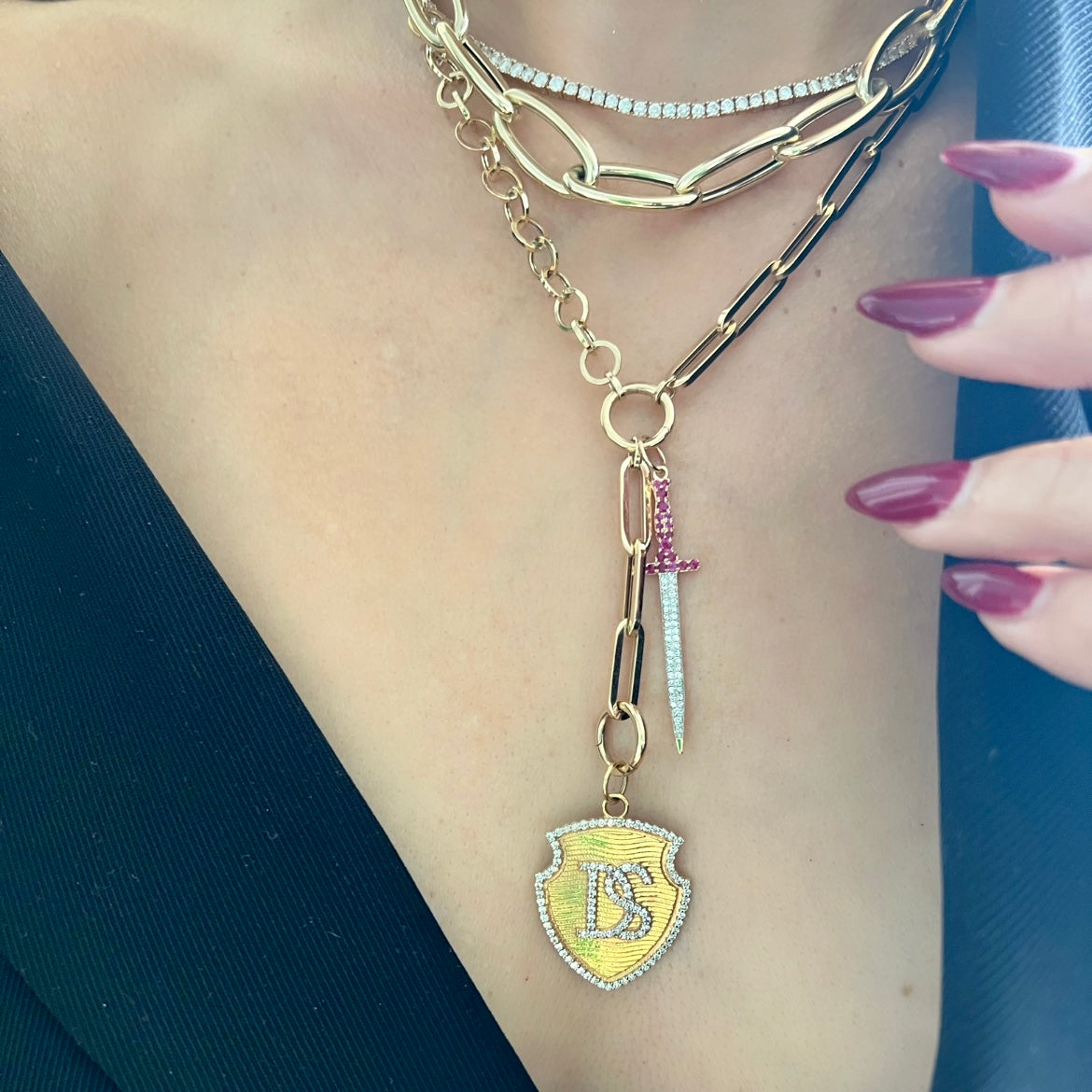 14KT Gold Diamond Emerald or Ruby Protection Sword Pendant Charm