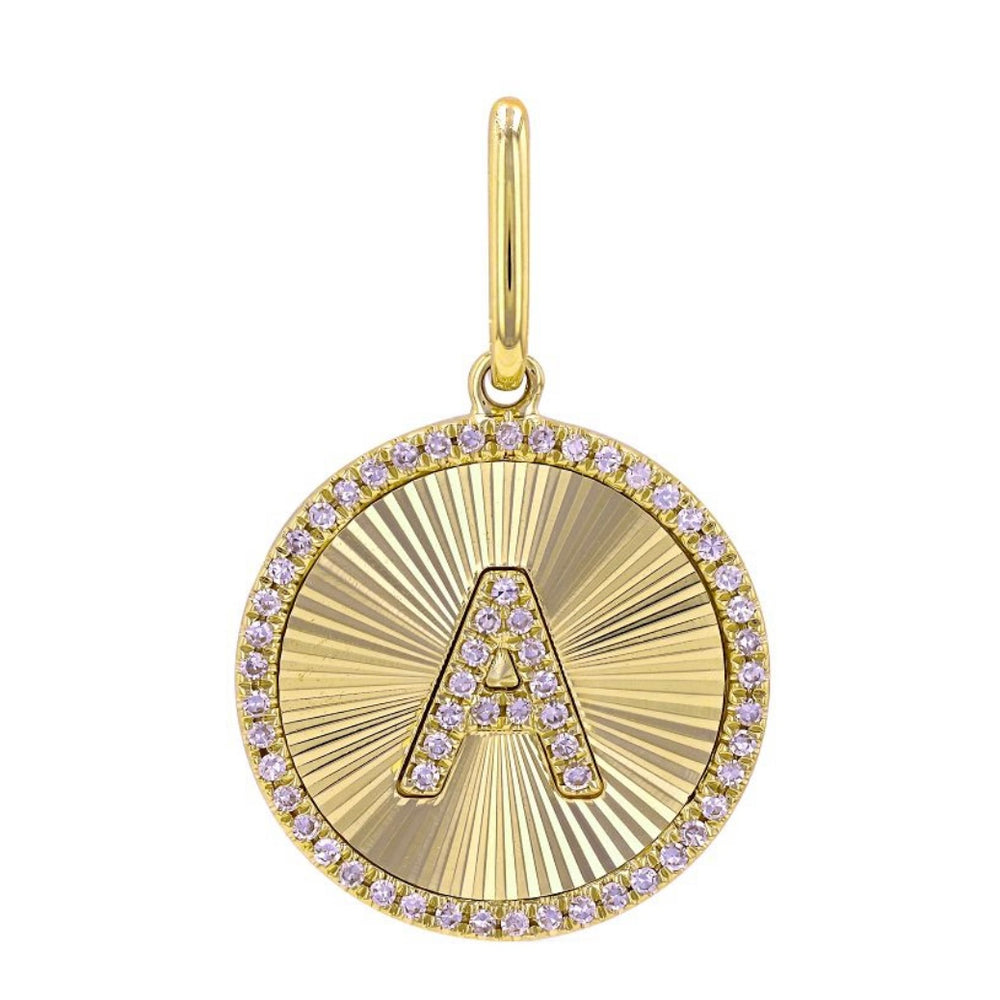 14KT Gold Diamond Small Disk Initial Charm Pendant