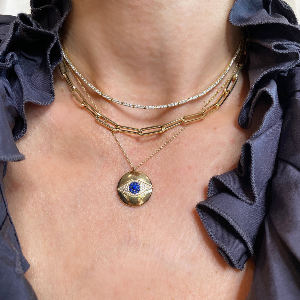 14KT Gold Diamond Evil Eye Disk Necklace