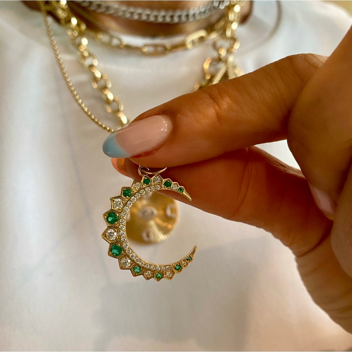 14KT Gold Diamond Turquoise / Emerald Crescent Moon Pendant Charm